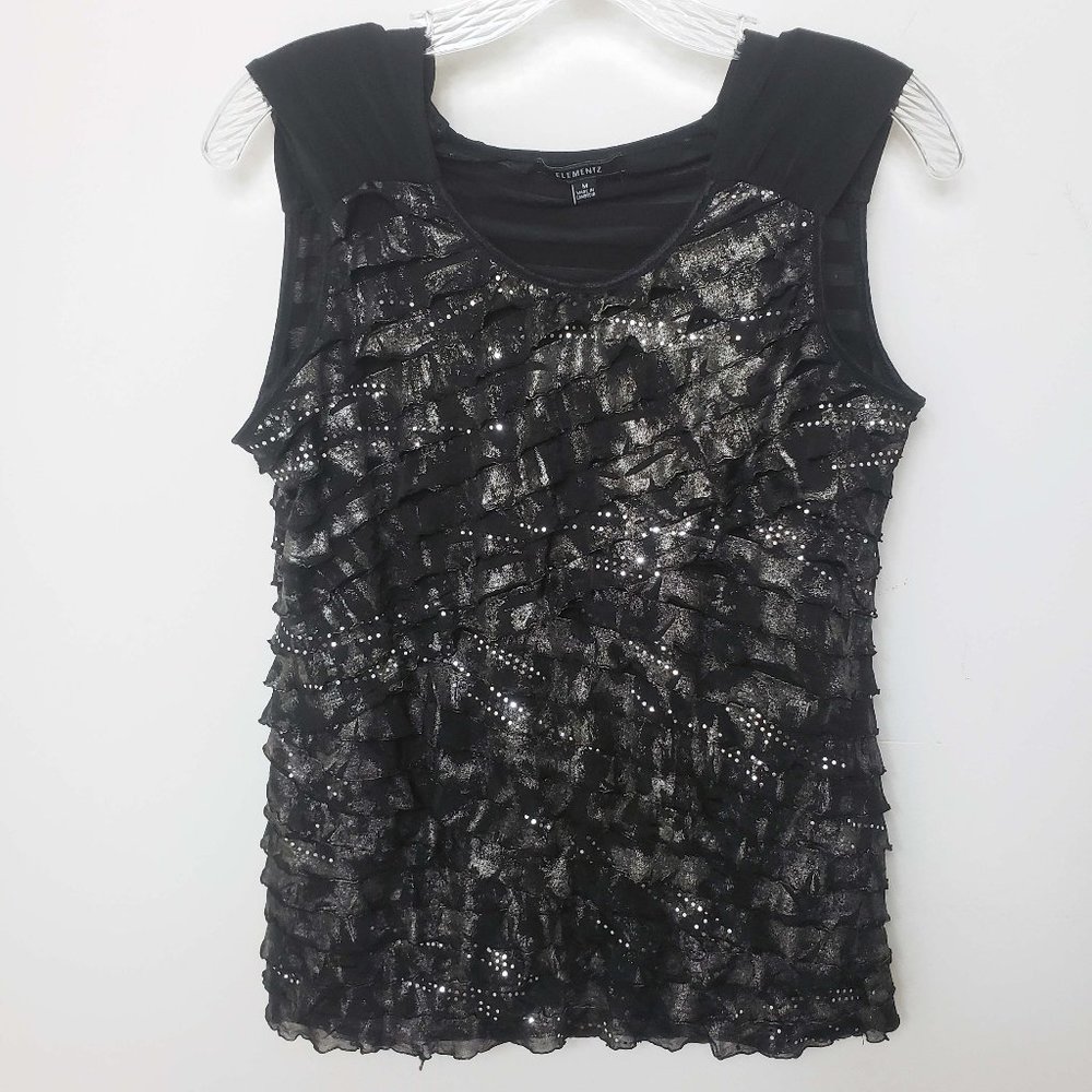 Elements Women's Black Silver Sequined Scoop Neck Shirt Blouse Shell Tank Top